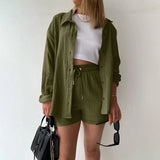 Purpdrank  Summer Cotton Linen High Waist Shirt Shorts Women Turn Down Collar Long Sleeve Tops and Shorts Suit Cotton Casual Two Piece Sets