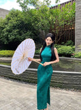 Purpdrank  Vintage Peacock Blue Green Sleeveless Dress Qipao New Chinese Style Printed Long Elegant Floral Print Cheongsam Slim Morden