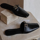 Purpdrank  High Quality Metal Buckle Decoration Flat Slipper Women Elegant Square Toe Black Casual Shoe Summer Comfort Brand Designer Shoes