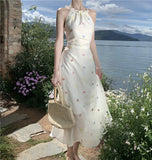 Purpdrank  Summer New Fairy Style Sweet Pure Slim Fit Slimming White Printed Embroidered Strap Dress for Women