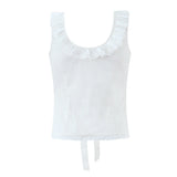 Purpdrank  Holiday Ivory Bow U collar Ivory Spliced Lace Wood ears Strap Tank Women Summer Slim Waist Front Slit Sleeveless Tee Crop Top