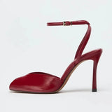 Purpdrank  Red Pointed Toe Soft Leather High Heel Sandals Women Sexy Open Toe Ankle Buckle Thin Heel Dress Shoe Elegant Wedding Bridal Shoe