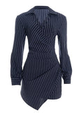 Purpdrank  Chic Blue & White Striped Shirt Dress Women Fashion Turn Down Collar Long Sleeve Pleats Slim Asymmetrical Hem Mini Dress