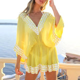 Purpdrank  Sexy V-neck Mesh See-through Short Dress Elegant Lady High Waist Pleat Mini Dress Summer New Solid Sequins Beach Cover-up Dress