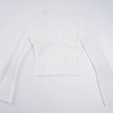 Purpdrank  See Through Sexy Lace T-Shirt Elegant Fashion Slim-Fitting Deep V-Neck Long Flare Sleeve Tees Women Layering Tops Y2K Streetwear