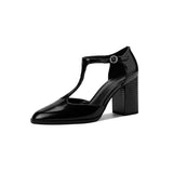 Purpdrank  New Fashion Lacquer Leather T-shaped Pumps Round Toe Square Heel Straw Shoes French High Heels One Button Baotou Sandals