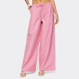 Purpdrank   Summer New Women's Vertical Striped Drawstring Wide Leg Pants Lightweight High Waist Casual Trousers Versatile Loose Fit Pants