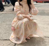Purpdrank  Girls long dresses Square Neck puff sleeves Floral Long Sleeve Chiffon Dresses Women's clothing Summer vestidos largostraf
원피스