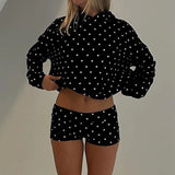 Purpdrank  Women 2 Piece Outfits Polka Dot Sweatsuits Shorts Sets Fall Long Sleeve Oversized Hoodie Tops Girl Casual Lounge Matching Suit