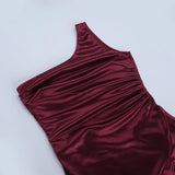 Purpdrank  Women's Elegant Burgundy Satin One Shoulder Bodycon Maxi Dress Ruched High Slit Formal Party Dress