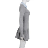 Purpdrank  Korean Preppy Style Grey Dress Women's Patchwork Lapel Collar Button Long Sleeve Slim Fake Two-Piece Pleated Mini Dress