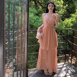 Purpdrank  Sweet V-Neck Pink Dress Women Spaghetti Straps Sleeveless Chiffon Pleated Casual Beach Dress Sexy Slim Long Dress