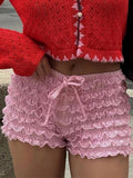 Purpdrank  Women Mini Shorts Layered Lace Frill Trim Elastic Waist Tie-Up Bow Bloomer Shorts for Summer Streetwear