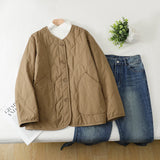 Purpdrank  Thiened Lightweight down Cotton Jaet Women's Autumn Winter Loose Retro Diamond Pattern Sandwich Cotton Warm Coat