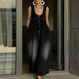 Purpdrank  Fashion Simple Button Pleated Vest Dress Summer Casual Pocket Solid Color Long Dress 2026 Women Elegant U-neck Loose Party Dress