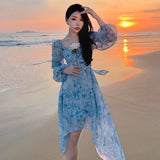 Purpdrank  Summer French Style Puff Sleeve V-Neck Backless Tie-Dye Printed Long Sleeve Puff Ball Holiday Dress for Women