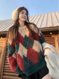 Purpdrank  Red Green Argyle Sweater for Women Comfy Knitted Crew Neck Loose-fit Pullovers Female Christmas Sweater Autumn Winter Outfit