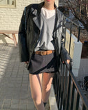 Purpdrank  Chic Vintage PU Leather Velvet Surface Long Sve Jaet ort Outerwear Women's Loose Suit Collar Autumn New Sle Commute