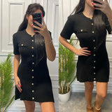 Purpdrank  White Elegant Knitted Mini Dress For Women Metal Button Sexy Slim Rib Sweater Dress Holiday Party Outfits Autumn New