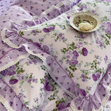Purpdrank  Rustic Vintage French Rose Floral Ruffles 100% Cotton Bedding Set Duvet Cover Set Flat/Fitted Bed Sheet Pillowcases 4Pcs
