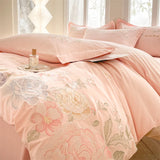 Purpdrank  Beige/Pink Flowers Butterfly Embroidery 100% Cotton Bedding Set Duvet Cover Set Bed Sheet/Fitted Sheet Pillowcases 4Pcs Bed Sets