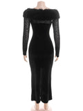 Purpdrank  Sexy Black Velvet Off-Shoulder Leopard Mesh Fur Trim Maxi Dress Women's Long Sleeve Patchwork Bodycon Evening Party Dress