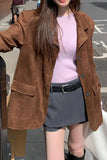 Purpdrank  Chic Vintage PU Leather Velvet Surface Long Sve Jaet ort Outerwear Women's Loose Suit Collar Autumn New Sle Commute