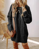 Purpdrank  Casual Loose Fit Cable Knit Pullover Mini Dress Round Neck Long Sleeve Sweater Dress Winter