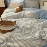 Purpdrank  INS Style Blue Stripes Ruffles Patchwork Bedding Set Single Queen Size 100% Cotton Duvet Cover Flat/Fitted Bed Sheet Pillowcases