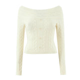 Purpdrank  Autumn French Retro Slash Neck Slim Solid All Match Long Sleeve Knitted Pullovers