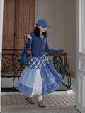 Purpdrank  Harajuku Plaid Midi Skirt Women Japanese Lace Patchwork Skirts Summer Korean Fashion High Waist Casual A Line Faldas New