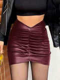 Purpdrank  Elegant Solid PU Leather Ruched Bodycon Skirt for Women Fashion Office Lady Mini Skirt