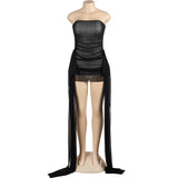 Purpdrank Women Sexy Double Layered Mesh 2 Piece Set Off Shoulder Twist Strapless Crop Top + Ribbon Ruched Mini Skirts Party Clubwear Suit