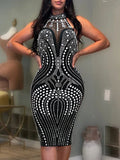 Purpdrank  Sexy see through rhinestone black summer dress women clothing backless club birthday party dress vestidos midi evening dresses