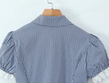 Purpdrank  Sexy Blue Plaid Lapel V neck Short Puff Sleeve Shirt Tank Top + Women Bow Zipper Waist A-line Pleated Mini Skirt 2 Pieces 1 Set