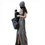 Purpdrank  Grey Split Denim Skirt Female 2025 Spring High Waist Slim Casual Fashion Women's Long Skirt