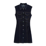 Purpdrank  Summer Street Style Women's Dress Single Button Notch Collar Pleated Sleeveless Mini Skirt Length Regular Waist Line