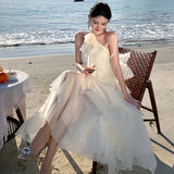 Purpdrank  French Style Halter Neck Dress with Floral Ruffles, Light Luxury Niche Gown