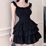 Purpdrank  Gothic Black Sexy Slip Dress Y2K Harajuku Streetwear Punk Lace Up Cake Dress Female Summer Korean Fashion Party Ruffles Dresses