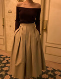 Purpdrank  Vintage Women's Pleated Skirts 2025 New Spring Summer Korea Style High Waist Solid Straight A-line Midi Skirts Female
