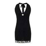 Purpdrank  Sexy Black Hollow Out Hole Lace Bow Halter V Collar Backless Mini Dress Women Big Backless Package Hips Short Dresses Robe
