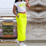 Purpdrank  Sexy T-shirt Skirt Two Piece Set Women New Short Sleeve O-Neck Crop Top High Waist Skirt Solid Fashion Suit Streetwear Partywear