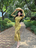 Purpdrank  Sexy Long Sleeve Lace Cheongsam Dress Waist Cinched Maxi Skirt for Women Southeast Asia Cross Border Elegant Commute Style