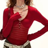 Purpdrank  Y2k Aesthetics Hollow Out Sexy Fairy T-shirt Autumn Harajuku Bodycon Button Tops Streetwear Knitted Patchwork Grunge Tees