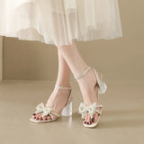 Purpdrank  Summer Latest Women's Sandals Square Head Fashion Crystal Heel  High Heel Thick Heel Bow Ankle Buckle Strap Female Shoes