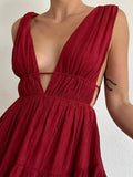Purpdrank  Women Black Solid Sleeveless Elegant Deep V-Neck Backless Flowy Dress Formal Prom Gowns Party Dress Robe