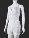 Purpdrank  New Summer Chic White Crop Top Set Sexy Halter Neck Sleeveless Backless Slim Camis and Shorts Women 2 Piece Matching Set