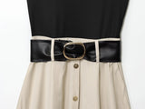 Purpdrank  European style new women's fashion all-match temperament splicing with belt stand collar sleeveless midi dress