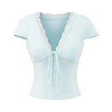 Purpdrank  Women's Summer Slimming T-Shirt Pure Lusty Sweet Sexy V Neck Short-Sleeved Top with Breast Pads New Style