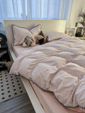 Purpdrank  Ins Style Solid Color Stripes Mix and Princess Style Quilt Cover Four-piece Bedding Set Washed Cotton Shell Edge Duvet Cover Set